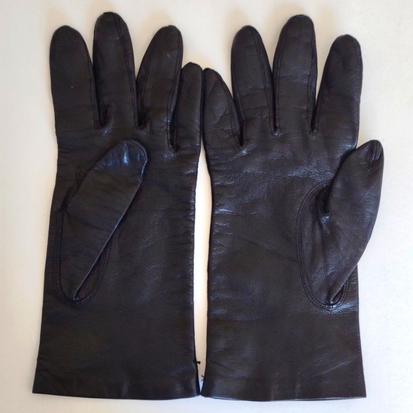 BLACK LEATHER GLOVE SILK LINING CARAMEL BRAID ITALY Classy Lady - Picture 2 of 9